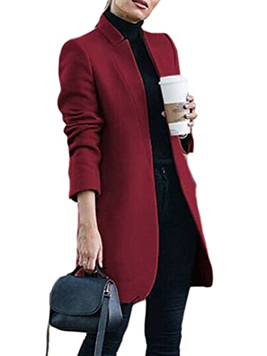 Osheoiso Kniemantel Taschen Damen Wollmantel Wintermantel Warme Winterjacke Overcoat Oberbekleidung Warm Blouson Lange Ärmel B Weinrot XL von Osheoiso