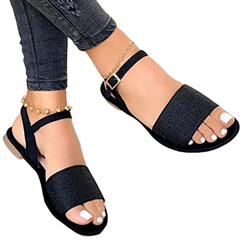 Osheoiso Sandalen Damen Elegant Strandsandalen Lässige Flache Schuhe Boho Sommerschuhe Casual Frauen Open Toe Hausschuhe Flach Riemchen Römersandalen A Schwarz 42 EU von Osheoiso