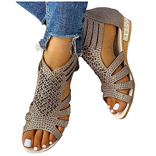 Osheoiso Sandalen Damen Große Größe Strass Retro Boho Wedge Heel Flatform Open Toe Reißverschluss Schuhe Strandsandalen Frauen Bequeme Schnalle Sandaletten Atmungsaktiv Sandal B Gold 36 EU von Osheoiso