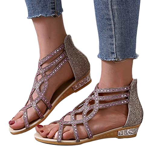 Osheoiso Sandalen Damen Sommer Keilabsatz Pantoletten Römersandalen Sommerschuhe Strandsandalen Riemchensandalen Keilsandalen Elegant Plateau Sandaletten Pailletten C Gold 36 EU von Osheoiso