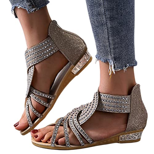 Osheoiso Sandalen Damen Sommer Keilabsatz Pantoletten Römersandalen Sommerschuhe Strandsandalen Riemchensandalen Keilsandalen Elegant Plateau Sandaletten Pailletten D Gold 36 EU von Osheoiso