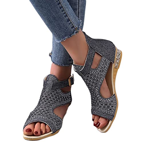 Osheoiso Sandalen Damen Sommer Keilabsatz Pantoletten Römersandalen Sommerschuhe Strandsandalen Riemchensandalen Keilsandalen Elegant Plateau Sandaletten Pailletten E Schwarz 41 EU von Osheoiso