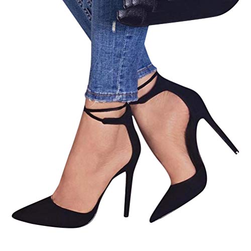 Osheoiso Sandalen Damen Wildleder Stiletto High Heels Pumps Spitz Party Basic Schuhe Geschlossen Schnürsenkel Sandalen Abendschuhe A Schwarz 43 EU von Osheoiso