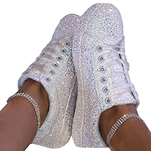 Osheoiso Sneakers Damen Pailletten Flache Low Sneaker Atmungsaktiv Glitzer Turnschuhe Outdoor Sportschuhe Laufschuhe Schuhe Schnürsenkel Walkingschuhe A Weiß 38 EU von Osheoiso