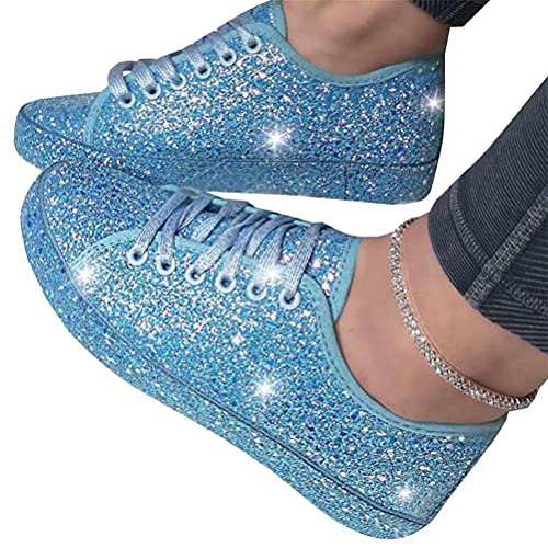 Osheoiso Sneakers Damen Pailletten Flache Low Sneaker Glitzer Turnschuhe Outdoor Freizeitschuh Schnürsenkel Walkingschuhe A Blau 43 EU von Osheoiso