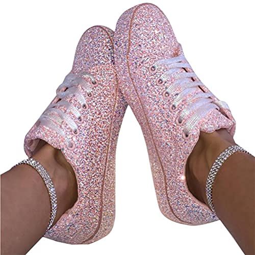 Osheoiso Sneakers Damen Pailletten Flache Low Sneaker Glitzer Turnschuhe Outdoor Freizeitschuh Schnürsenkel Walkingschuhe A Rosa 35 EU von Osheoiso