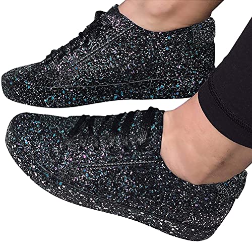 Osheoiso Sneakers Damen Pailletten Flache Low Sneaker Glitzer Turnschuhe Outdoor Freizeitschuh Schnürsenkel Walkingschuhe A Schwarz 38 EU von Osheoiso