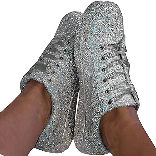 Osheoiso Sneakers Damen Pailletten Flache Low Sneaker Glitzer Turnschuhe Outdoor Freizeitschuh Schnürsenkel Walkingschuhe A Silber 36 EU von Osheoiso