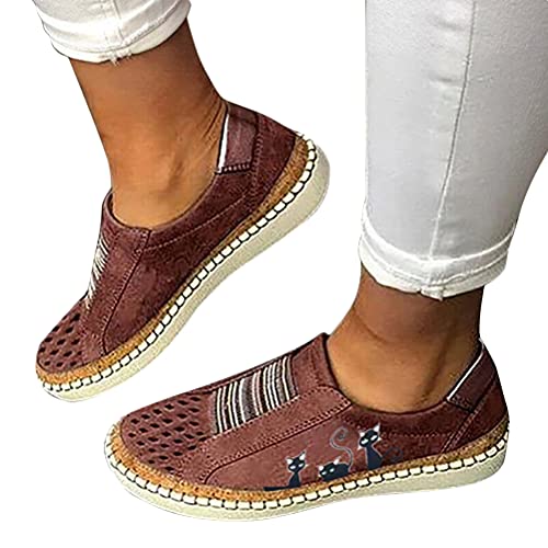 Osheoiso Sneakers Damen Slip On Lässige Flache Einzelschuhe Übergrößen Aushöhlen Atmungsaktiv Turnschuhe Outdoor Sportschuhe Laufschuhe Schuhe mit Katzen Print Sommerschuhe A Braun 35 EU von Osheoiso