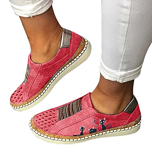Osheoiso Sneakers Damen Slip On Lässige Flache Einzelschuhe Übergrößen Aushöhlen Atmungsaktiv Turnschuhe Outdoor Sportschuhe Laufschuhe Schuhe mit Katzen Print Sommerschuhe A Rot 39 EU von Osheoiso