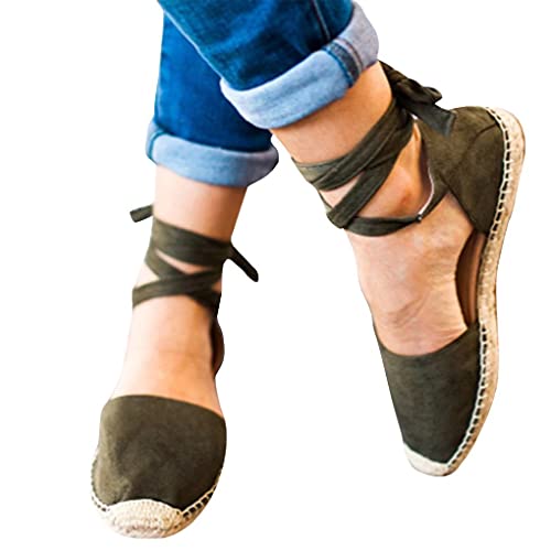 Osheoiso Sommer Plateau Sandalen Damen Espadrilles mit Keilabsatz Keilsandalette Absatz Espadrilles Sommer Frauen Lace Up Schuhe Geschlossene Grün 36 EU von Osheoiso