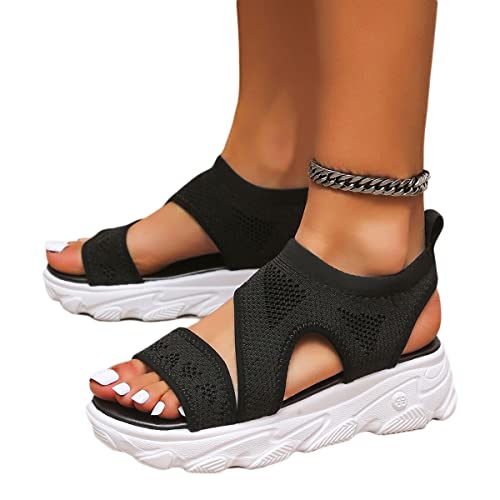 Osheoiso Sommer Sandalen Damen Keilabsatz Sandalen Orthopädische Sport Sandalen Strick Mesh Atmungsaktives Weiche Sohle Casual Offener Zeh Plateau Walkingschuhe B Schwarz 37 EU von Osheoiso