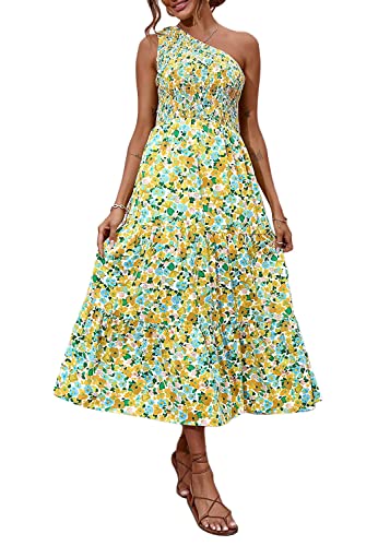 Osheoiso Sommerkleid Damen Lang Boho Elegant Maxikleid Große Größen Midi Lose Swing Blumen Drucken Vintage Kleider Freizeitkleider Casual Mode Strandkleid Hohe Taille A Gelb M von Osheoiso