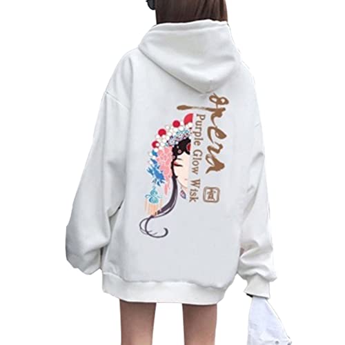 Osheoiso Techwear Japanischer Harajuku Damen Plüsch Streetwear Kapuzenpullover Hoodie Pullover Bedruckter Hip Hop Teenager Hoodie Sweatshirt mit Kapuze Große Größe E Weiß 3XL von Osheoiso