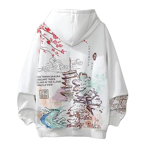 Osheoiso Techwear Japanischer Harajuku Herren Drucken Kapuzenpullover Hip Hop Hoodie Plus Fleecepullover Teenager Hoodie Sweatshirt Lose B Weiß S von Osheoiso