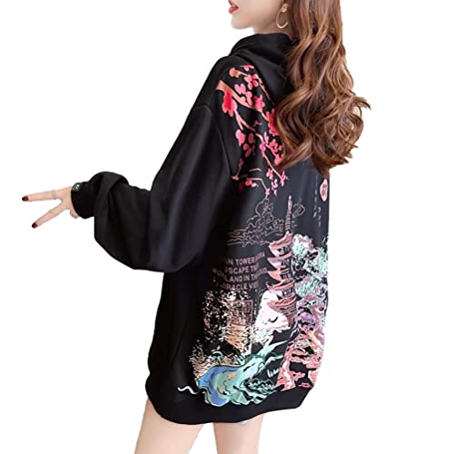 Osheoiso Techwear Japanischer Harajuku Herren Plüsch Drucken Kapuzenpullover Hip Hop Hoodie Plus Fleecepullover Teenager Hoodie Sweatshirt Lose Pullover Oversized B Schwarz XXL von Osheoiso