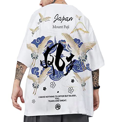 Osheoiso Techwear Japanischer Harajuku T-Shirt Große Größe Kurzarm Retro Oberteil Tops Bluse Paar Shirt Hip Hop Streetwear T-Shirt Sommer Basic Shirt für Herren Damen 2 Weiß XXL von Osheoiso