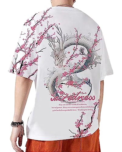 Osheoiso Techwear Japanischer Harajuku T-Shirt Oversized Kurzarm Oberteil Bedrucktes Paar Shirt Hip Hop Streetwear T-Shirt Sommer Basic Shirt für Herren Damen D Weiß M von Osheoiso