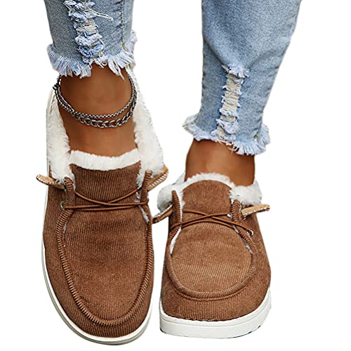 Osheoiso Warme Schuhe Damen Winter Outdoor Schuhe Freizeitschuhe Flache Schuhe Lässige Plüsch Fleece Schuhe Loafers Mokassins Slipper Schneestiefel Runde Zehe Stiefeletten A Braun 36 EU von Osheoiso