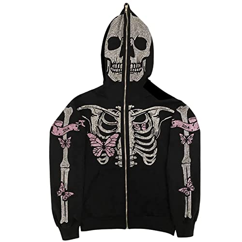 Osheoiso Y2K Sweatshirt Damen Mädchen Pullover Gothic Harajuku Strass Schädel Bedrucktes Hip Hop Hoodie Dicker Kapuzenjacke Chic Lose Zip Up Freizeitjacken Langarm B 1 XXL von Osheoiso