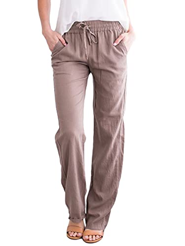 Osheoiso Damen Sommerhose Länge Leinenhose Pumphose Basic Sweathose Einfarbig Leichte Jogginghose Stretch Bequeme Strandhose Freizeithose Mit Kordelzug Khaki XS von Osheoiso