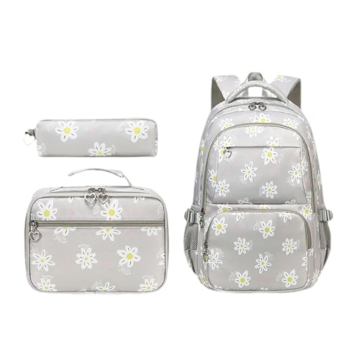 Oshhni Daisy Print -Rucksack für Teenager Girls mit Lunchbox Multi -Pockets Schultasche, Grau von Oshhni