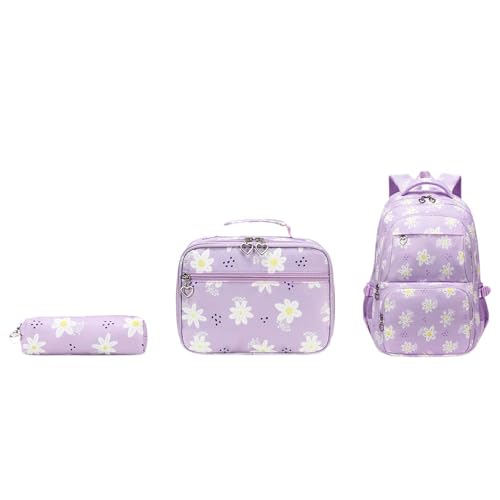 Oshhni Daisy Print -Rucksack für Teenager Girls mit Lunchbox Multi -Pockets Schultasche, Violett von Oshhni