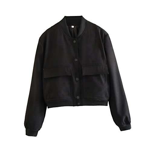 Oshhni Damenjacke Frühlingsjacke für Frauen Damen Kurze Große Taschen Druckknopf Streetwear Lässiger Mantel für Reisen Dating Urlaub , Schwarz, S von Oshhni