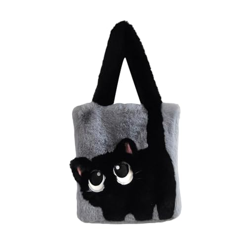 Oshhni Fuzzy Tote Bag Flauschige Schultertasche Geldbörse Leichte modische Unterarmtasche, Grauschwarz von Oshhni