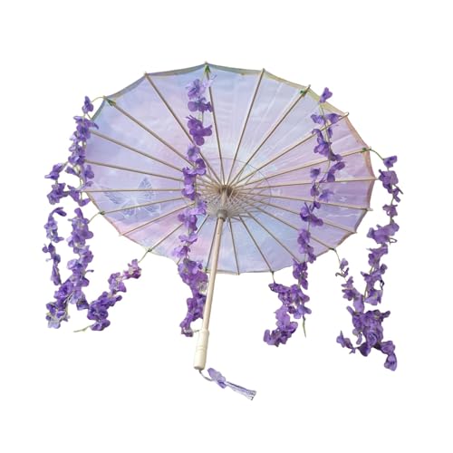Oshhni Ölpapierschirm Handgefertigter Orientalischer Papierschirm Eine Klassische Tanz Requisite Und Sonnenschirm mit Holzgriff für Damen bei Hochzeiten, Lila Schmetterling von Oshhni