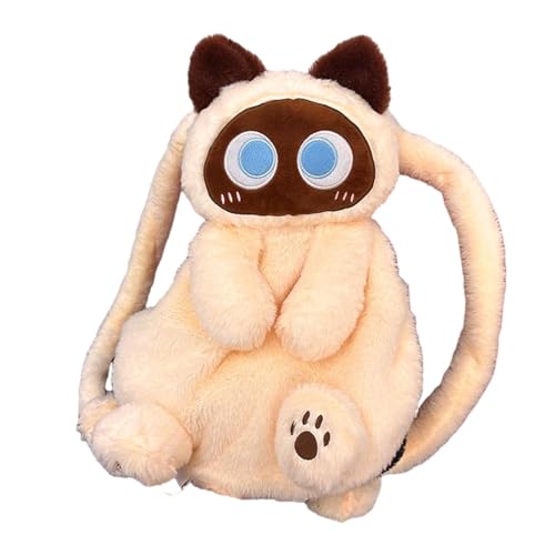 Oshhni Plüschtier-Katzen-Rucksack, Schultasche, Cartoon-Stil, mit verstellbaren Trägern, Büchertasche, Schultasche für Mädchen, Kinder, Beige von Oshhni