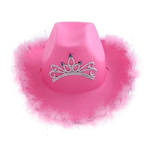 Oshhni Rosa Cowboyhut Breite Krempe mit Tiara Design Western Style Filz Hut für Frauen Kostüm Kostümparty , Federkrempe von Oshhni