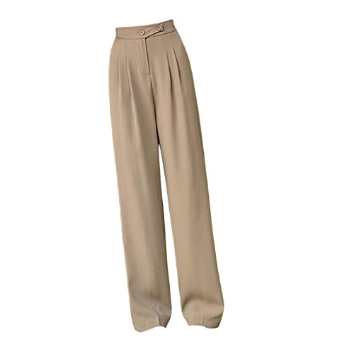 Oshhni Weite Damenhose, gerade Beinhose, lässige, hoch taillierte, geknöpfte Damen-Anzughose, Hose für Strand, Reisen, Arbeit, Khaki, 2XL von Oshhni