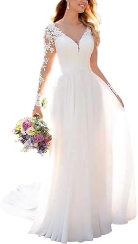 Bescheiden Langärmelig Hochzeitskleider Schulternfrei Lang Spitze Brautkleider mit Langer Schleppe Boho Brautkleid A-Linie Weiß 48 von Ossadress