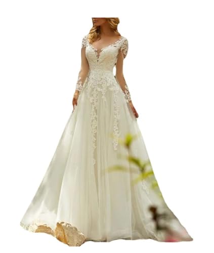 Hochzeitskleid Brautkleid A-Linie V-Ausschnitt Damen Prinzessin Brautkleider Langarm mit Schleppe Weiß 50 von Ossadress