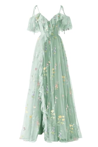 Ossadress Frauen Tüll Ballkleider Blume Stickerei Ballkleider Formal Abendkleid Bodenlang Formal Abend Party Kleider LightGreen 40 von Ossadress
