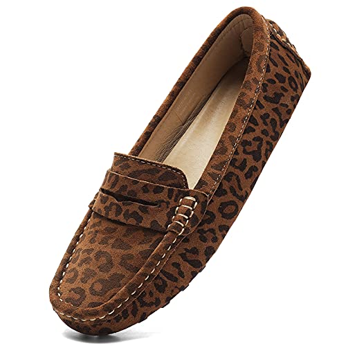 Osslue Damen Wildleder Casual Penny Loafers Retro Damen Mokassins Driving Mocs Komfort Slip-On Mode Bootsschuhe Klassische Flats, Hellbrauner Leopardenmuster, 42.5 EU von Osslue