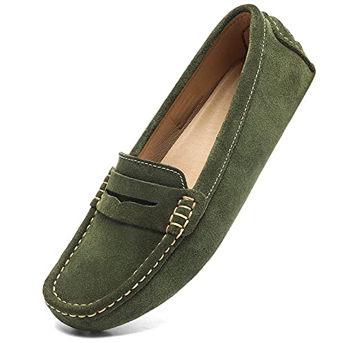 Osslue Damen Wildleder Casual Penny Loafers Retro Damen Mokassins Driving Mocs Komfort Slip-On Mode Bootsschuhe Klassische Flats, armee-grün, 38 EU von Osslue