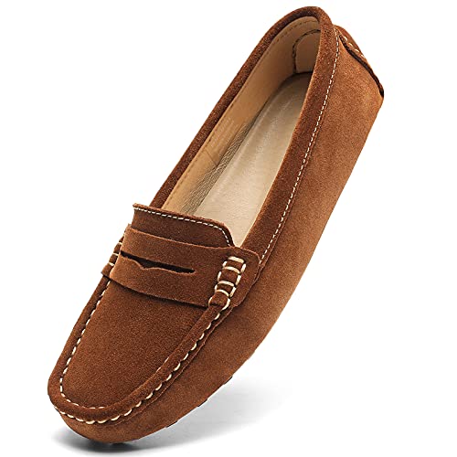 Osslue Damen Wildleder Casual Penny Loafers Retro Damen Mokassins Driving Mocs Komfort Slip-On Mode Bootsschuhe Klassische Flats, braun, 40.5 EU von Osslue