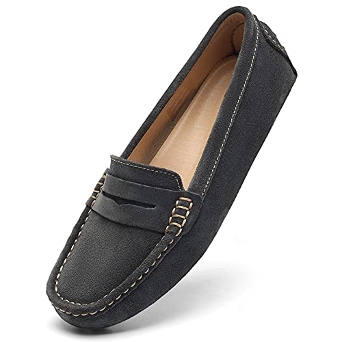 Osslue Damen Wildleder Casual Penny Loafers Retro Damen Mokassins Driving Mocs Komfort Slip-On Mode Bootsschuhe Klassische Flats, grau, 40.5 EU von Osslue