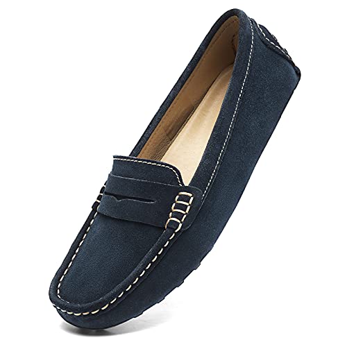 Osslue Damen Wildleder Casual Penny Loafers Retro Damen Mokassins Driving Mocs Komfort Slip-On Mode Bootsschuhe Klassische Flats, navy, 40 EU von Osslue