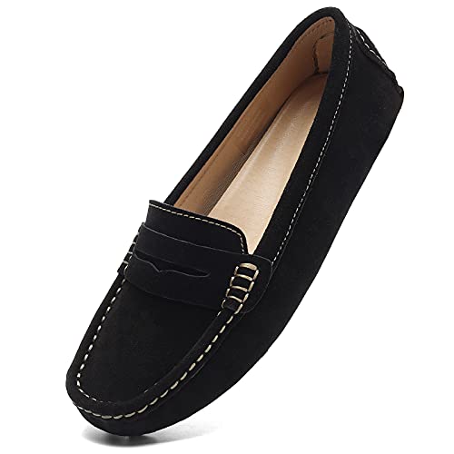 Osslue Damen Wildleder Casual Penny Loafers Retro Damen Mokassins Driving Mocs Komfort Slip-On Mode Bootsschuhe Klassische Flats, schwarz, 42.5 EU von Osslue