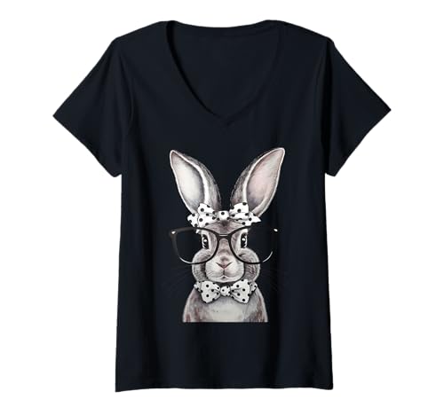 Damen Osterhase mit Brille Ostern T-Shirt mit V-Ausschnitt von Oster Geschenke & Zubehör Clo.