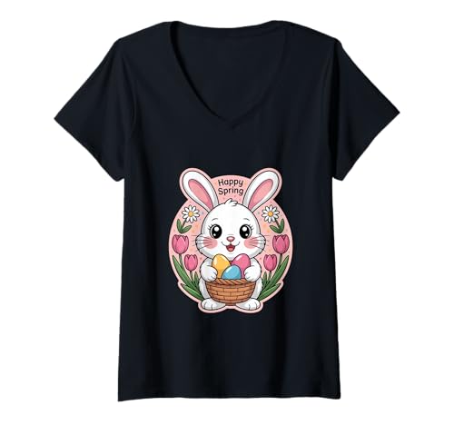 Damen Happy Spring Osterhase Ostern Tulpen Bunter Eierkorb T-Shirt mit V-Ausschnitt Damen Happy Spring Osterhase Ostern Tulpen Bunter Eierkorb T-Shirt mit V-Ausschnitt von Osterhase Frühling Ostern Tulpen Eier Korb Blumen