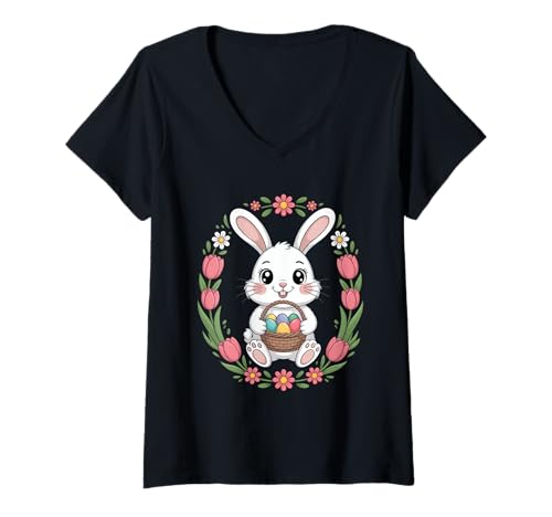 Damen Frohe Ostern Hase Mit Korb Voller Eier Im Blumenkranz T-Shirt mit V-Ausschnitt Damen Frohe Ostern Hase Mit Korb Voller Eier Im Blumenkranz T-Shirt mit V-Ausschnitt von Osterhase Ostereier Blumenkranz Frühling Tulpen