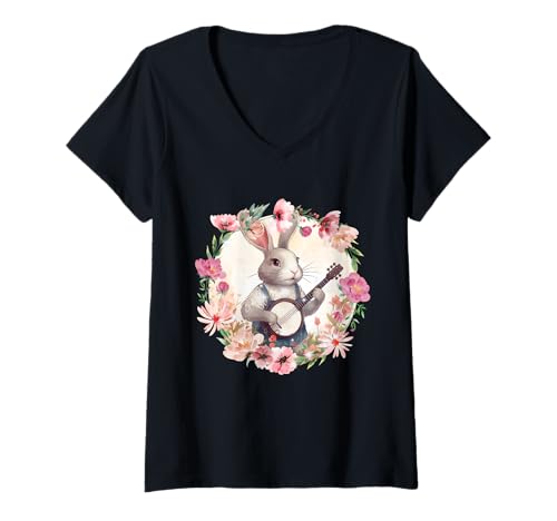Damen Hase Hasen Ostern Osterhase Musikant Musik Kinder Kind T-Shirt mit V-Ausschnitt von Osterhasen Hase Hasen Kaninchen 80er