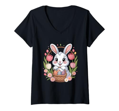 Damen Niedlicher Osterhase Mit Eierkorb Tulpen Und Frühling T-Shirt mit V-Ausschnitt von Ostern Osterhase Tulpen Blumen Eierkorb Niedlich