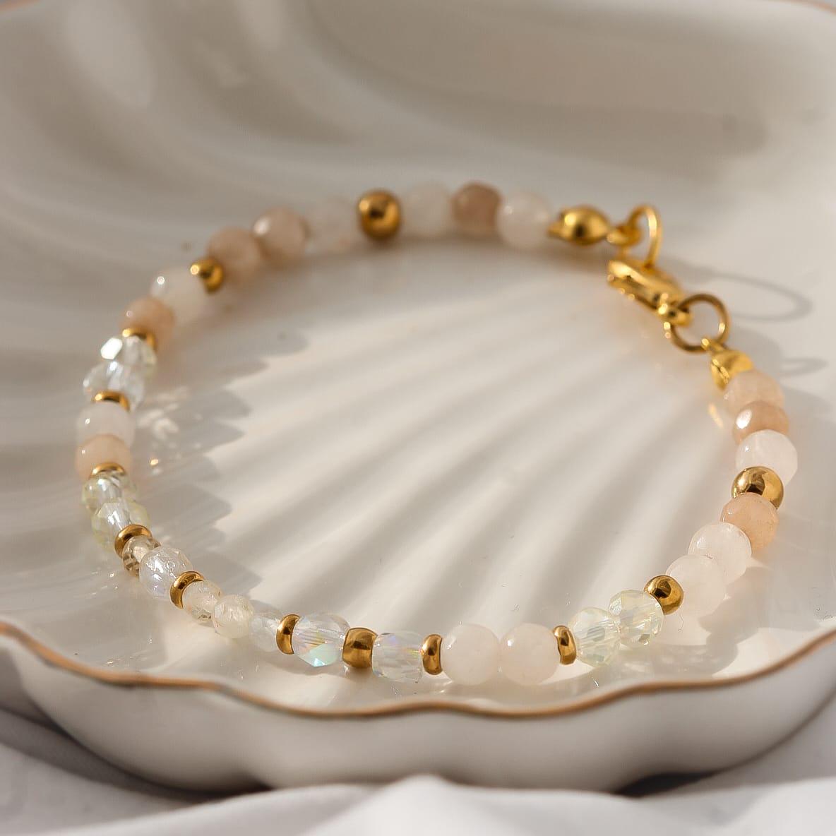 Armband Mit Jade Beige, Citrin, Kleine Kristallen Perlen Beige Gold, Edelsteine von Osthera