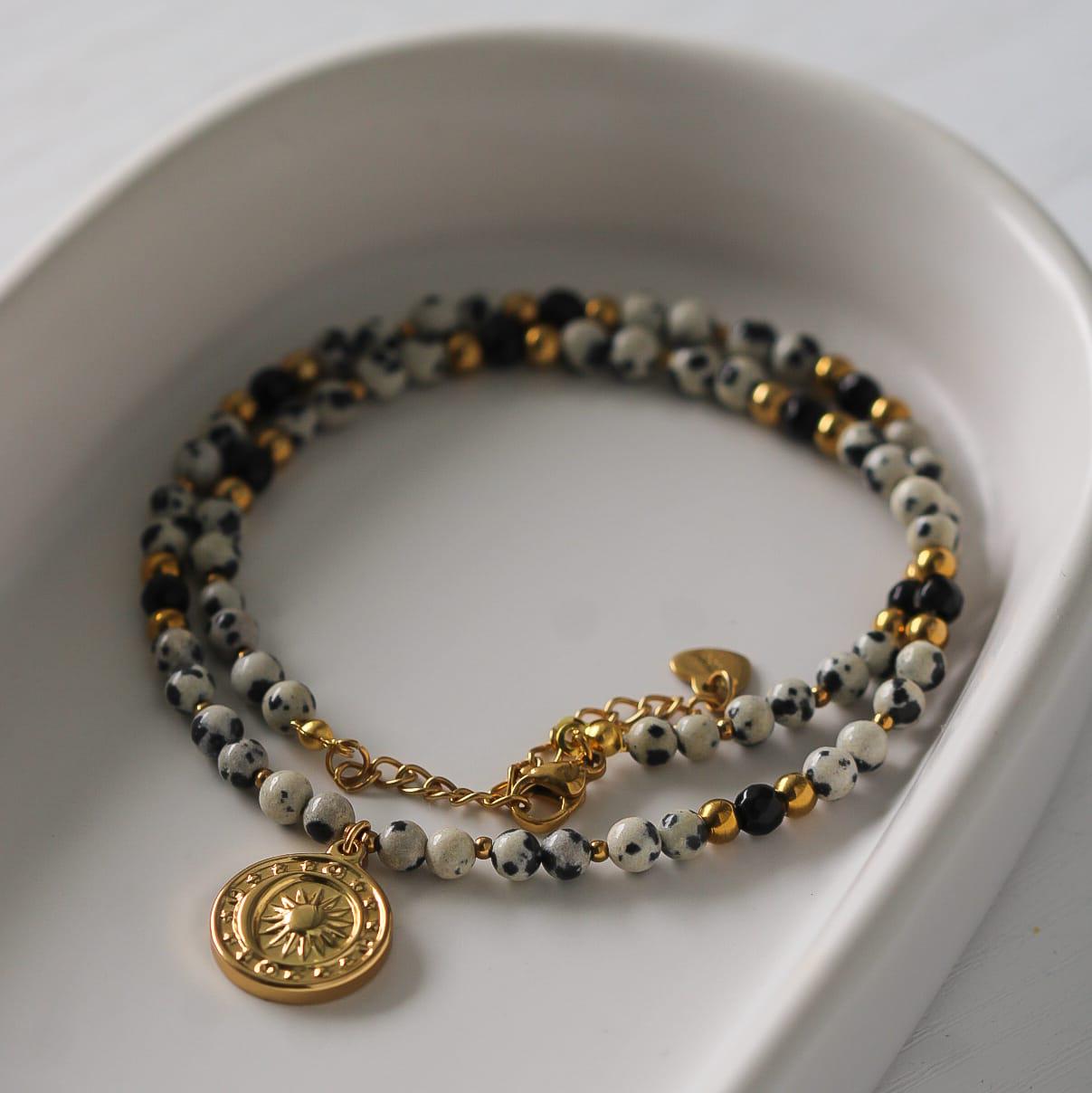 Halskette Mit Dalmatiner Jaspis - Edelsteinkette Vergoldetem Boho Anhänger, Edelsteine Erdtöne, Edelstahl Schmuck von Osthera