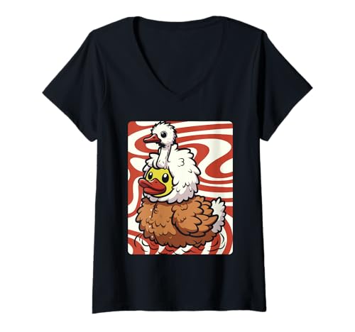 Damen Straußen-Gummiente T-Shirt mit V-Ausschnitt Damen Straußen-Gummiente T-Shirt mit V-Ausschnitt von Ostrich Duckling